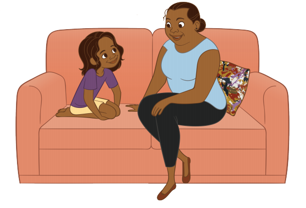 Woman and child yarning on sofa.